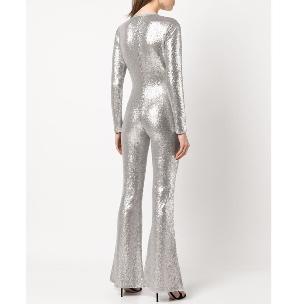 πͺ©π70s GLAM DISCO ERAππͺ© Cynthia Rowley Sequin Flared Jumpsuit in Silver - Picture 5 of 16